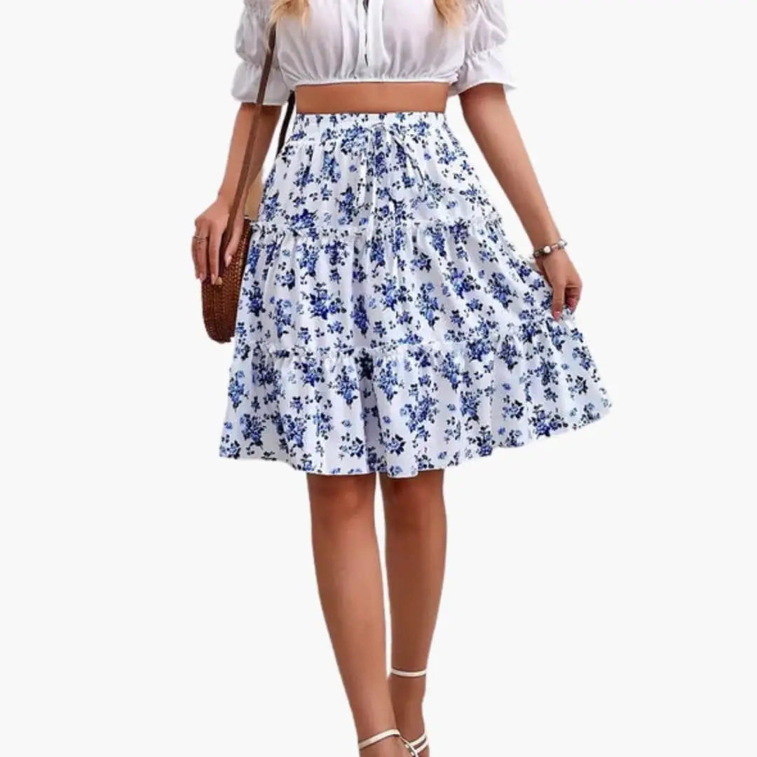 Camellia — Floral Print Midi Skirt With Relaxed Flared Ruffled Hem For Summer
