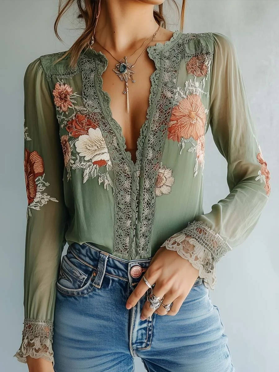 Bohemia — Lightweight Chiffon Blouse With Bohemian Floral V-Neck Long Sleeve Style
