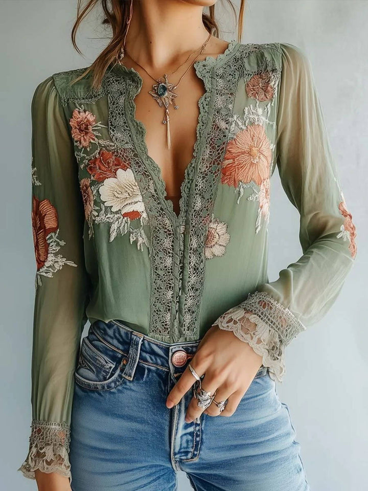 Bohemia — Lightweight Chiffon Blouse With Bohemian Floral V-Neck Long Sleeve Style