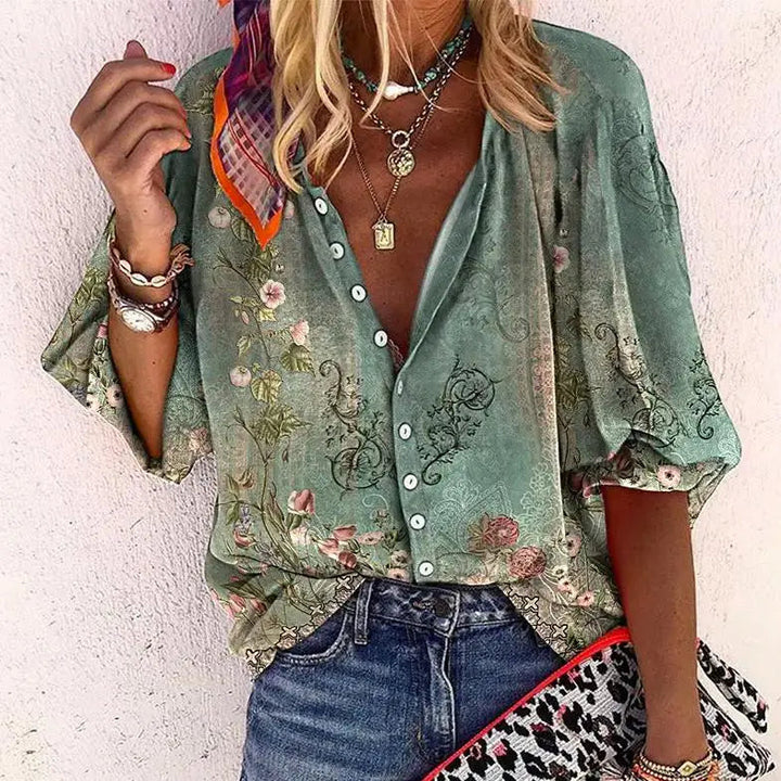 Brynlee — Lightweight Flowing V-Neck Blouse With Relaxed Boho Print Summer Style