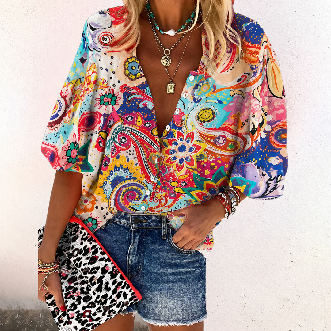 Brynlee — Lightweight Flowing V-Neck Blouse With Relaxed Boho Print Summer Style