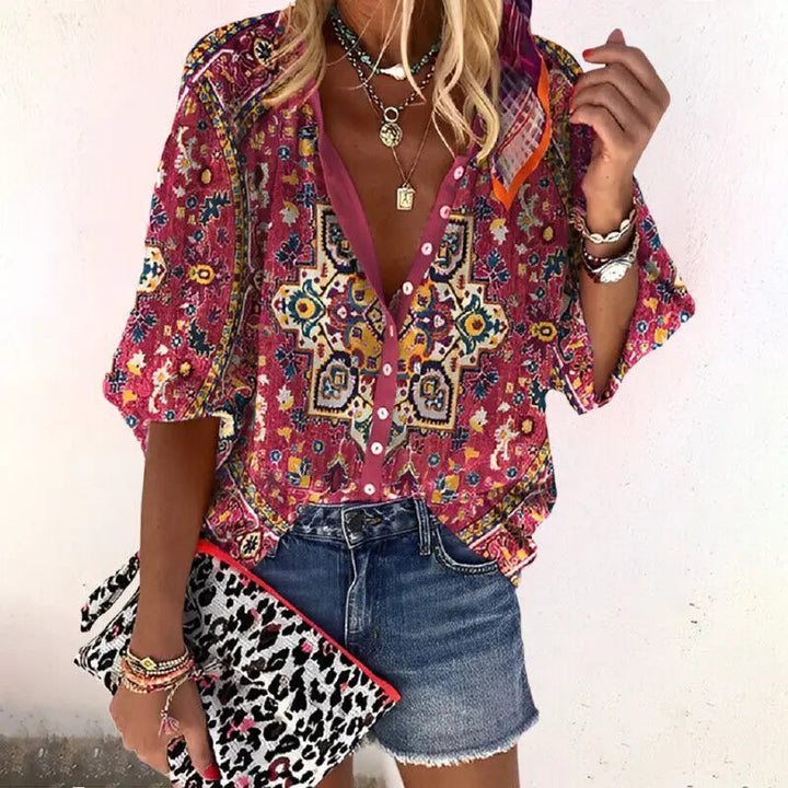 Brynlee — Lightweight Flowing V-Neck Blouse With Relaxed Boho Print Summer Style