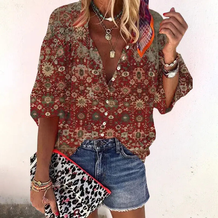 Brynlee — Lightweight Flowing V-Neck Blouse With Relaxed Boho Print Summer Style