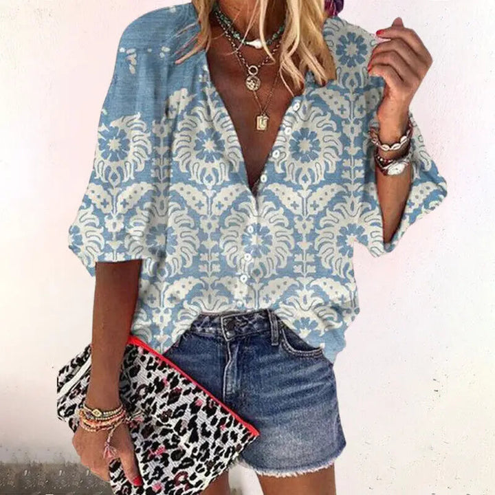 Brynlee — Lightweight Flowing V-Neck Blouse With Relaxed Boho Print Summer Style