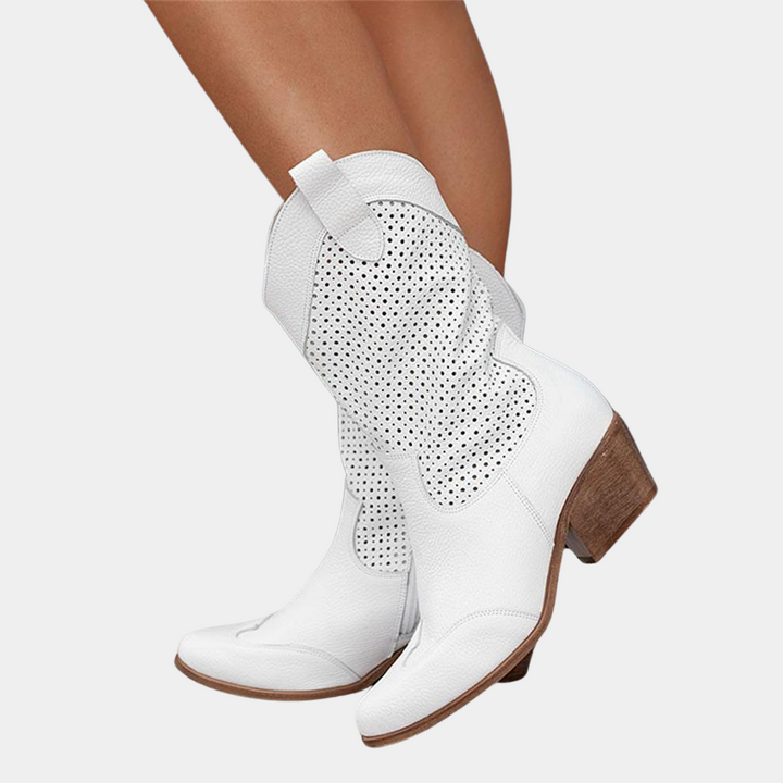 Westernperf — Perforated Leather Cowboy Boots With Stylish Mid-Calf Western Design