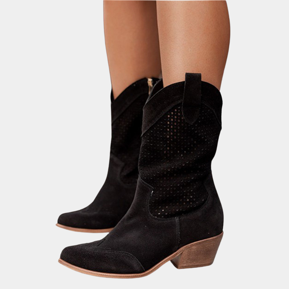Westernperf — Perforated Leather Cowboy Boots With Stylish Mid-Calf Western Design