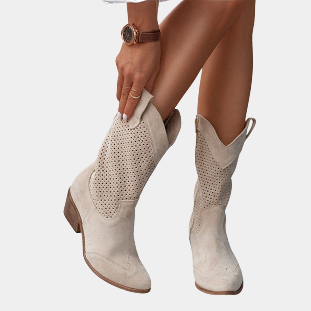 Westernperf — Perforated Leather Cowboy Boots With Stylish Mid-Calf Western Design