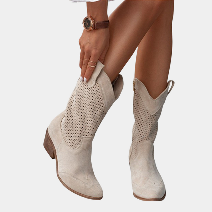Westernperf — Perforated Leather Cowboy Boots With Stylish Mid-Calf Western Design