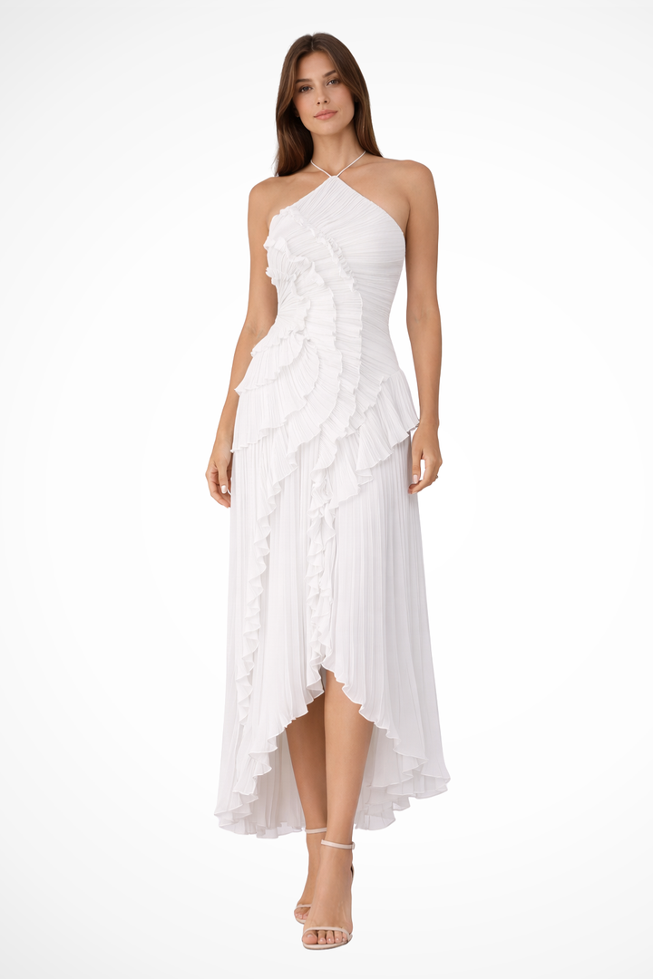 Layeredruffle — Pleated Fabric Maxi Dress With Layered Ruffle Halter Style For Wedding Guests