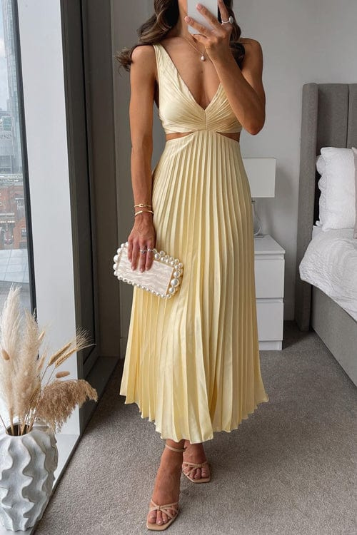Philippa — Pleated Midi Dress With Elegant Flowing V-Neck Summer Design