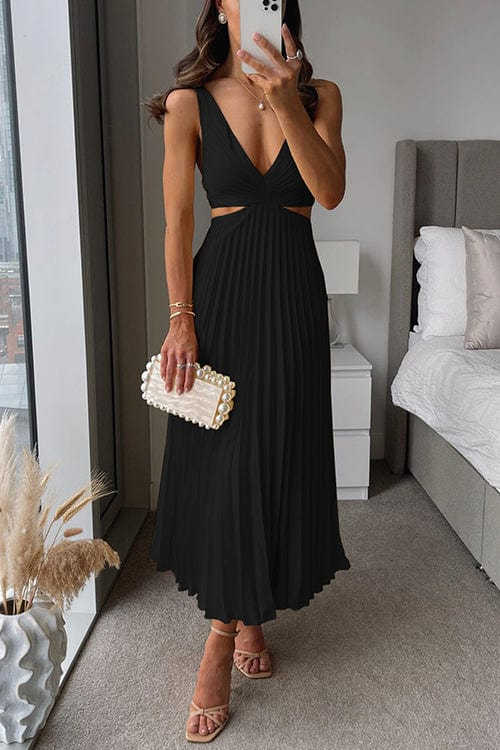 Philippa — Pleated Midi Dress With Elegant Flowing V-Neck Summer Design