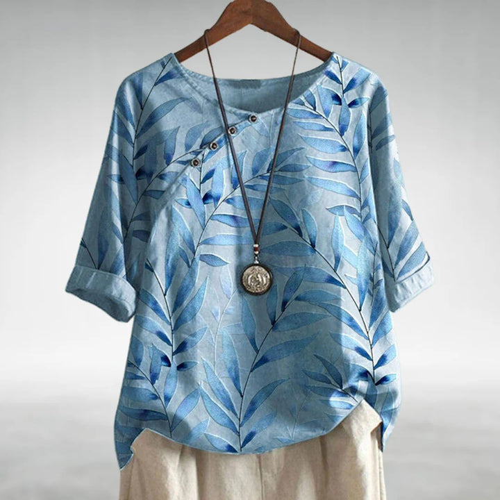 Madeline — Leaf Print Blouse With Relaxed 3/4 Sleeve Casual Style