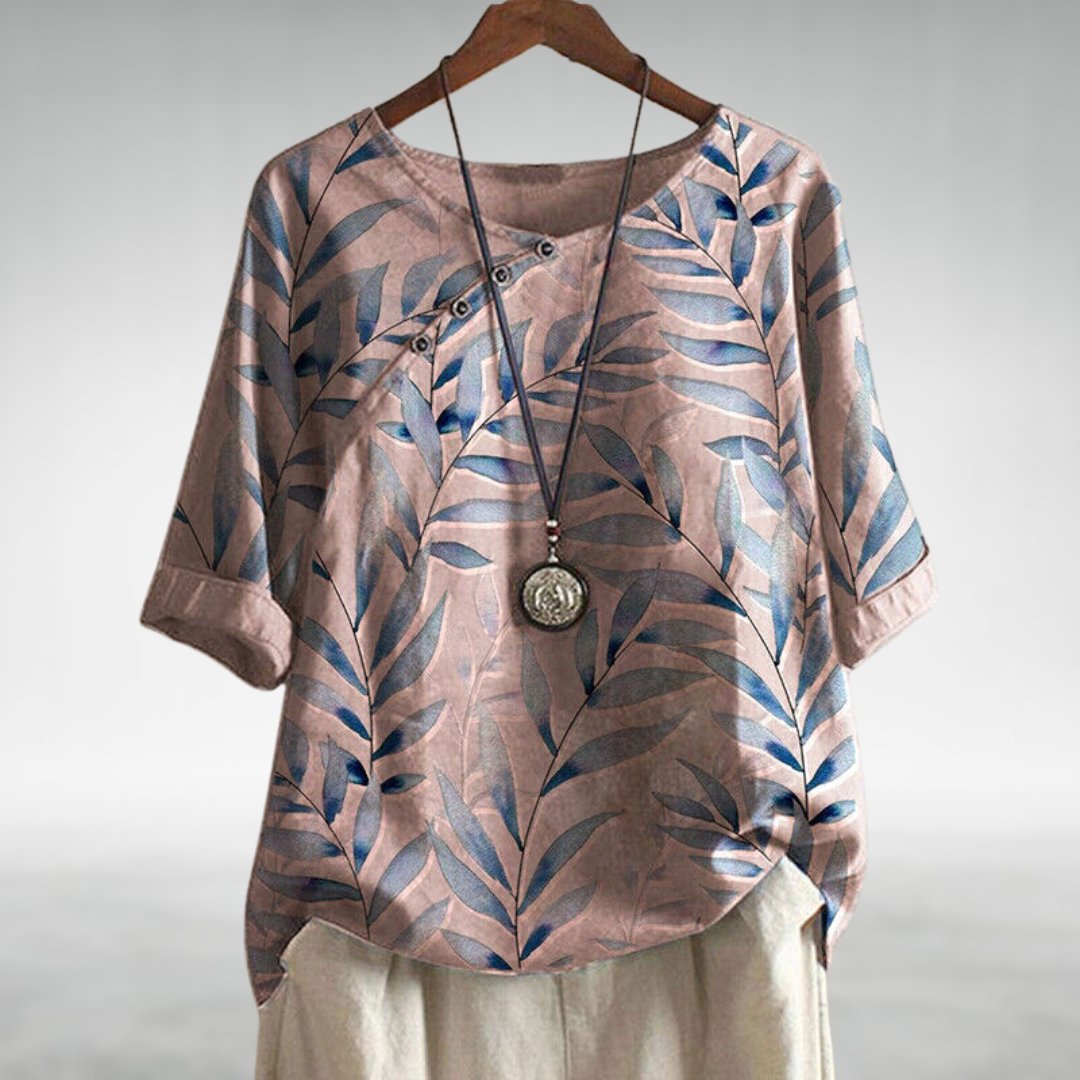 Madeline — Leaf Print Blouse With Relaxed 3/4 Sleeve Casual Style