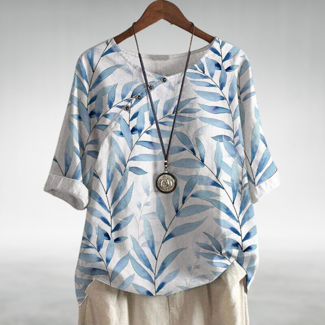 Madeline — Leaf Print Blouse With Relaxed 3/4 Sleeve Casual Style