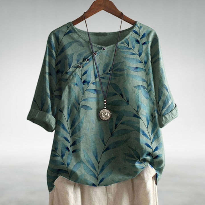 Madeline — Leaf Print Blouse With Relaxed 3/4 Sleeve Casual Style