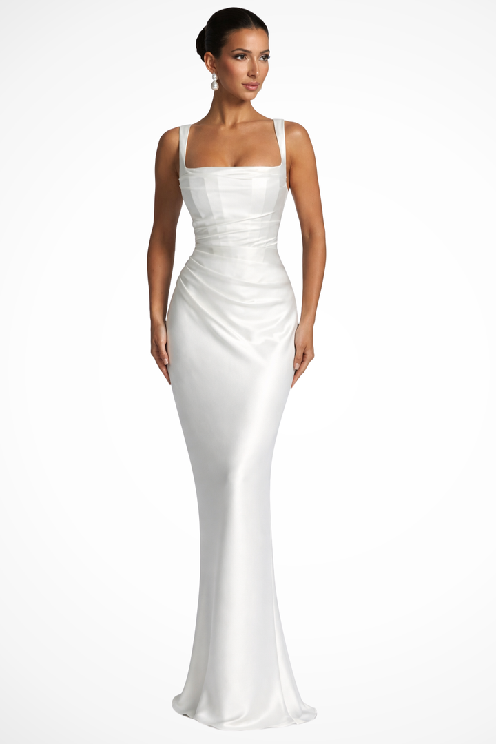 Ruchedsquare — Satin Maxi Dress With Structured Square Neck Ruched Design
