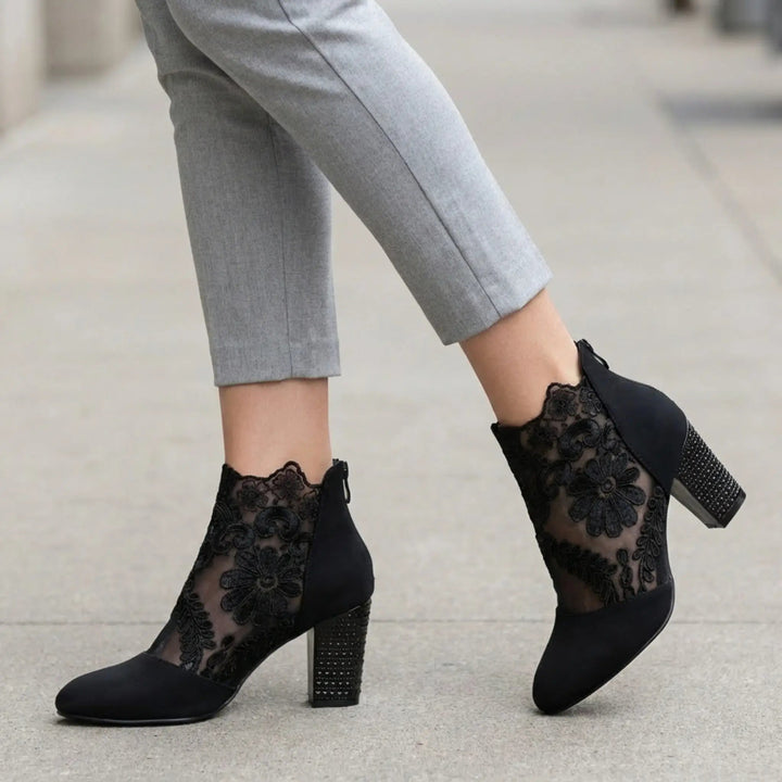 Sheerheel — Sheer Lace Block Heel Pumps With Elegant Black Heel Design