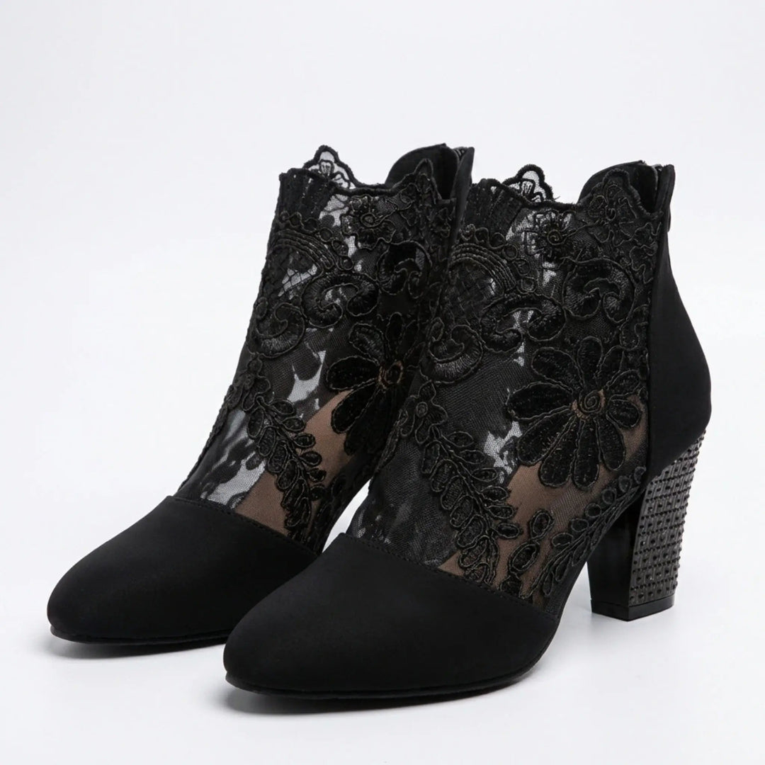 Sheerheel — Sheer Lace Block Heel Pumps With Elegant Black Heel Design