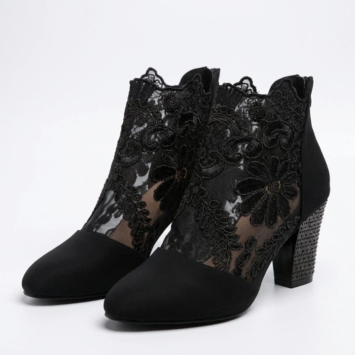 Sheerheel — Sheer Lace Block Heel Pumps With Elegant Black Heel Design