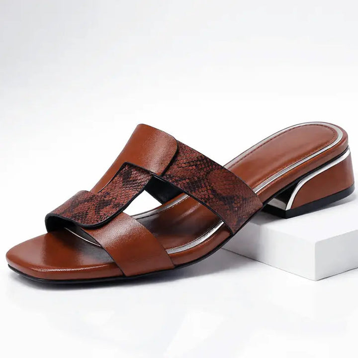Serpentine — Smooth Leather T-Strap Sandals With Elegant Snake Print Casual Design