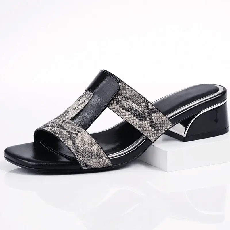 Serpentine — Smooth Leather T-Strap Sandals With Elegant Snake Print Casual Design