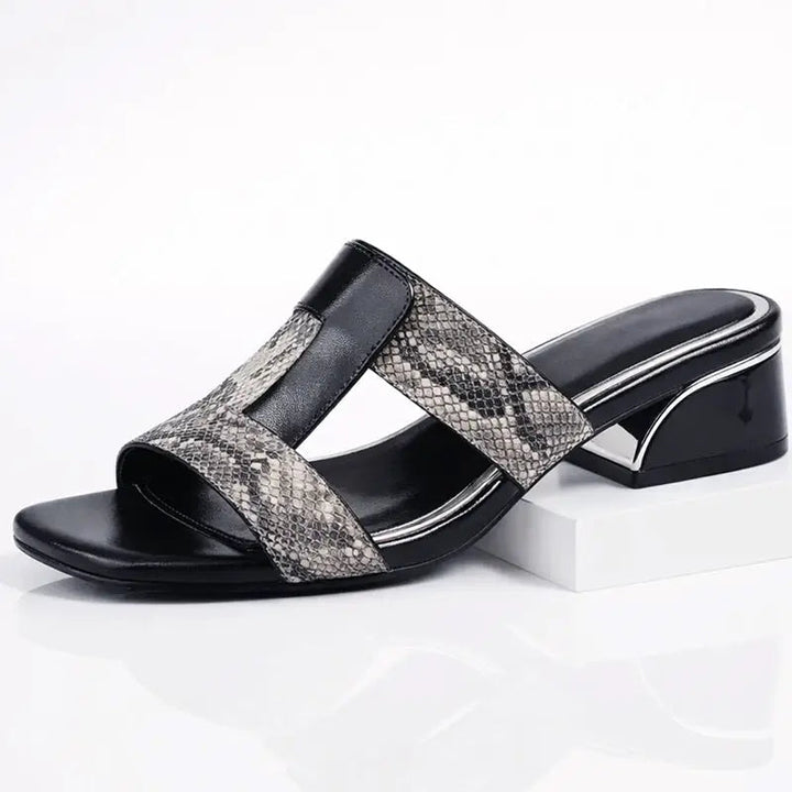 Serpentine — Smooth Leather T-Strap Sandals With Elegant Snake Print Casual Design