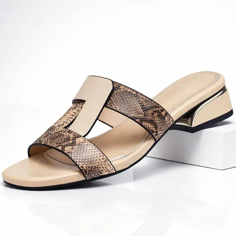 Serpentine — Smooth Leather T-Strap Sandals With Elegant Snake Print Casual Design