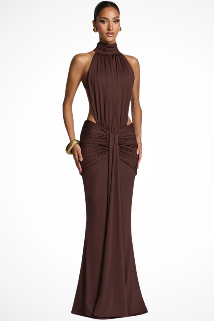Backlesshigh — Soft Draped Maxi Dress With High Neck Backless Wedding Design