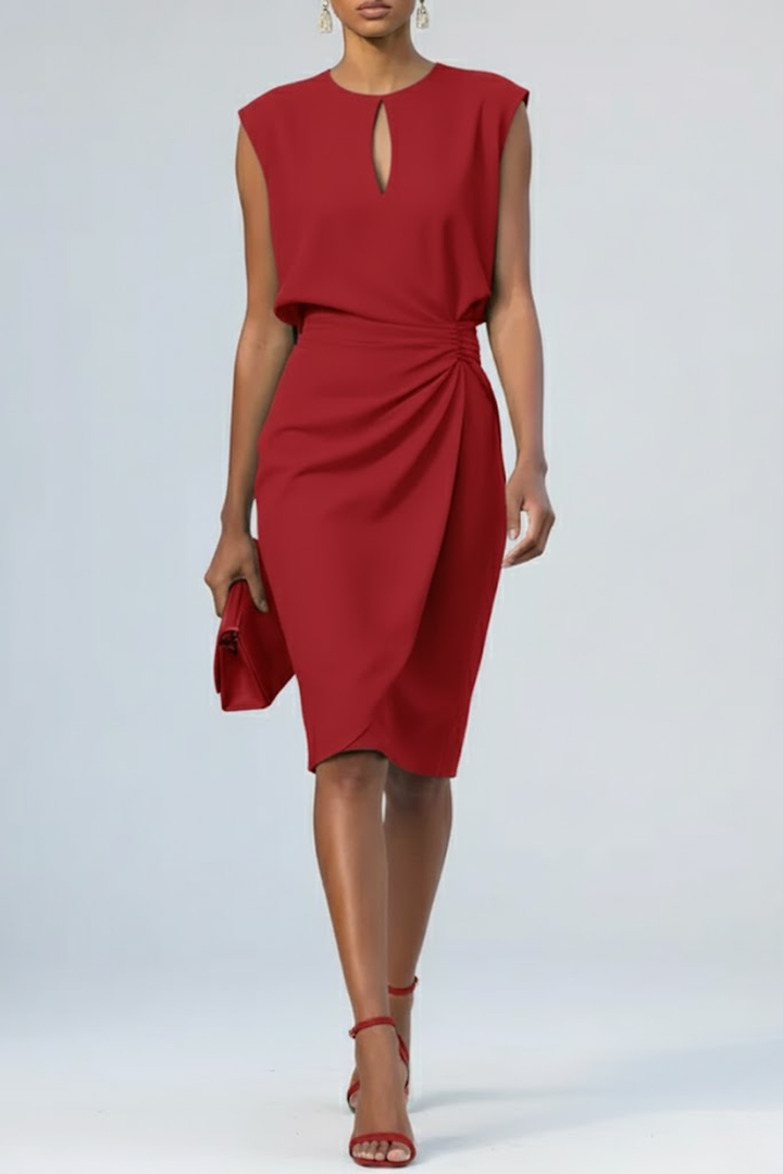 Magnolia — Soft Fabric Midi Dress With Elegant Keyhole Neck And Ruched Waist