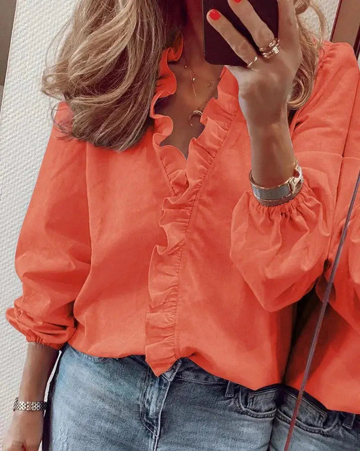 Odalys — Soft Polyester Blouse With Romantic Ruffled Neckline Long Sleeve Style