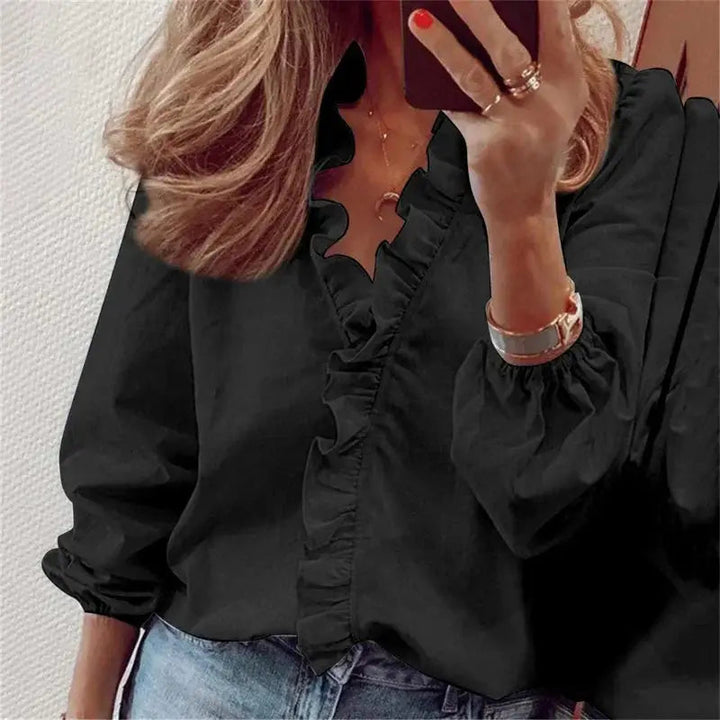 Odalys — Soft Polyester Blouse With Romantic Ruffled Neckline Long Sleeve Style