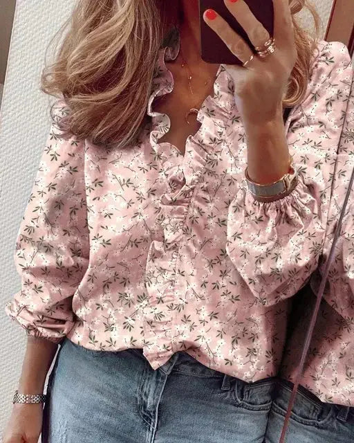 Odalys — Soft Polyester Blouse With Romantic Ruffled Neckline Long Sleeve Style