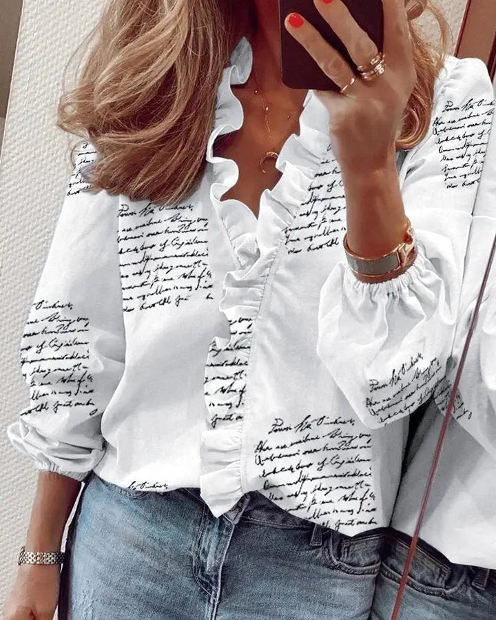 Odalys — Soft Polyester Blouse With Romantic Ruffled Neckline Long Sleeve Style
