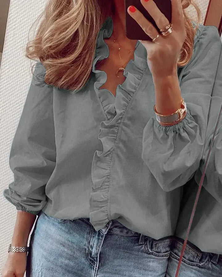 Odalys — Soft Polyester Blouse With Romantic Ruffled Neckline Long Sleeve Style