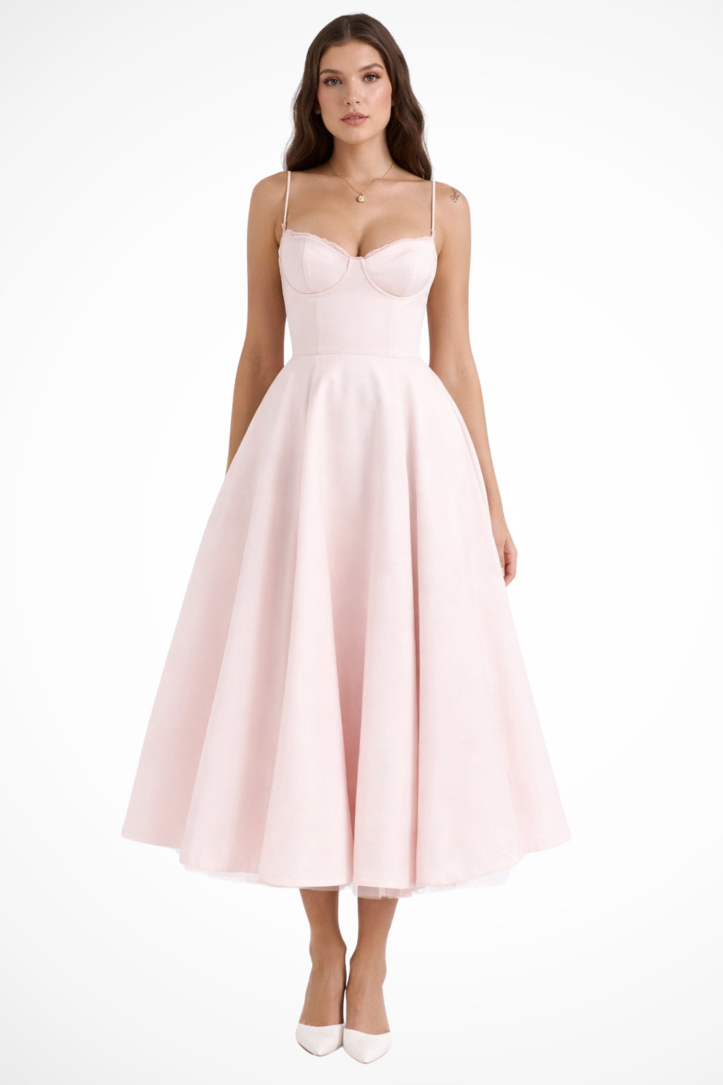 Flaredcorset — Structured Corset Midi Dress With Flared Elegant Formal Gown Design
