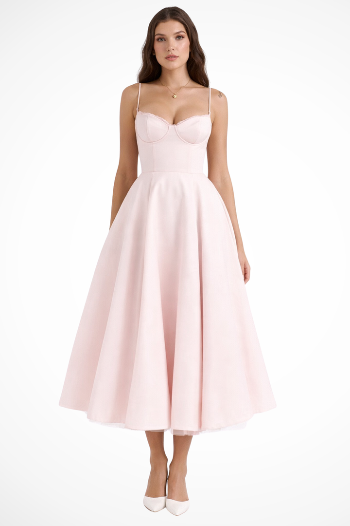 Flaredcorset — Structured Corset Midi Dress With Flared Elegant Formal Gown Design