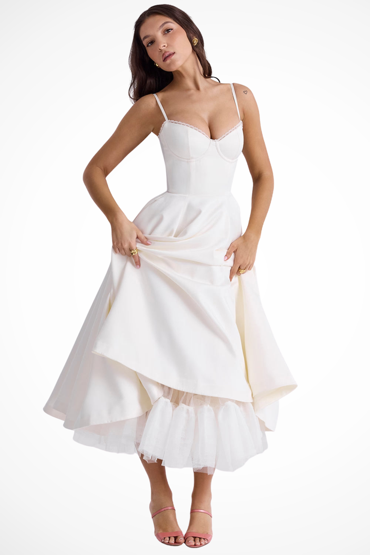 Flaredcorset — Structured Corset Midi Dress With Flared Elegant Formal Gown Design