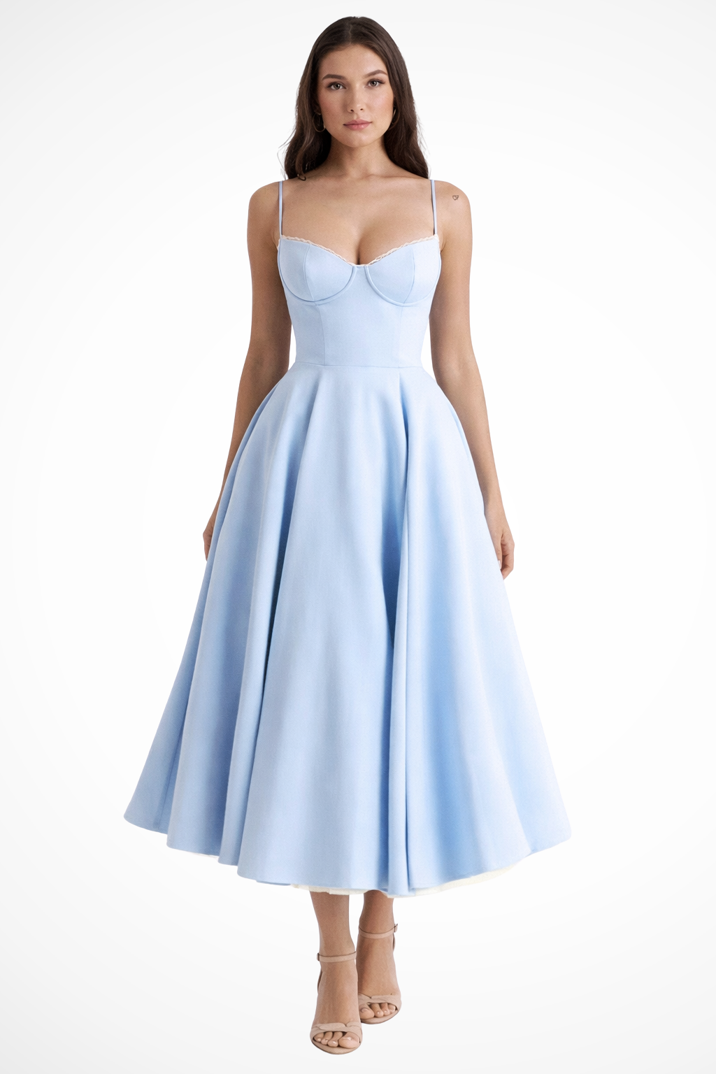 Flaredcorset — Structured Corset Midi Dress With Flared Elegant Formal Gown Design