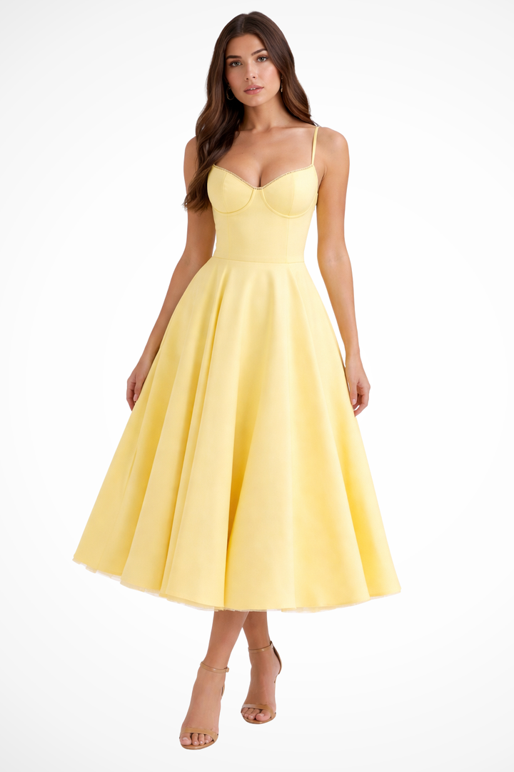 Flaredcorset — Structured Corset Midi Dress With Flared Elegant Formal Gown Design