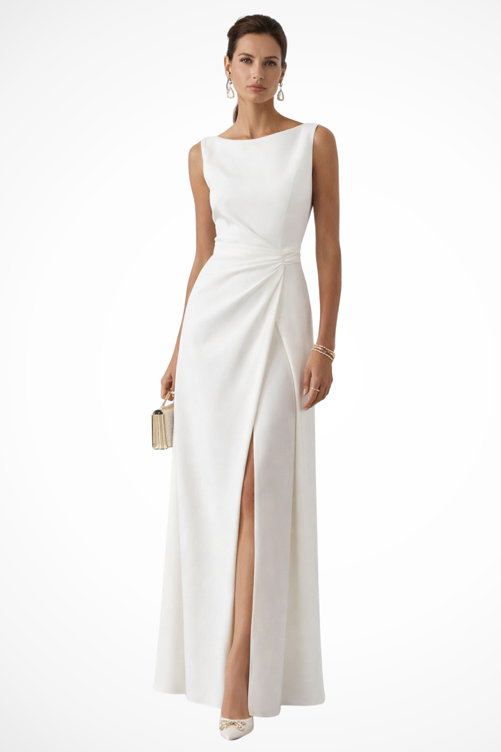 Boatneck — Structured Fabric Maxi Dress With Boat Neck Sleeveless Wedding Design