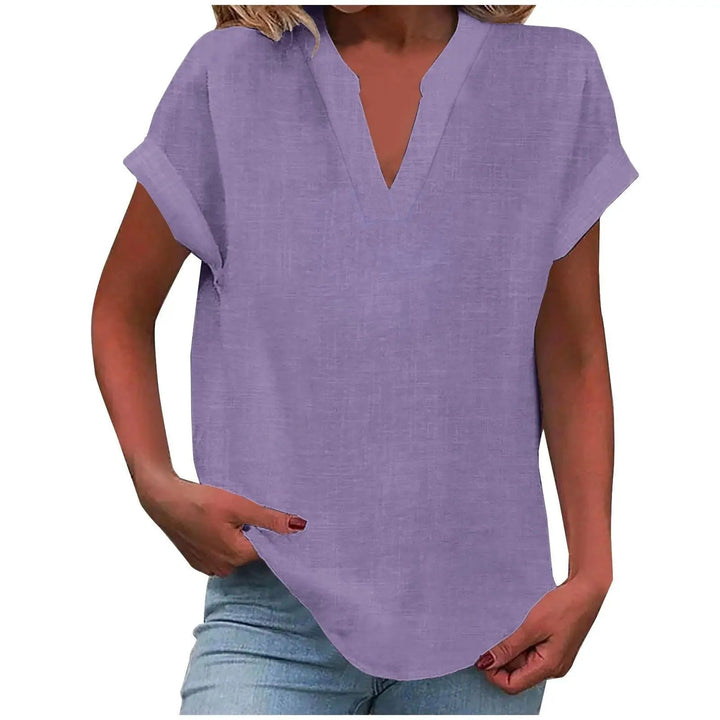 Marisette — Textured V-Neck Blouse With Relaxed Fit Short Sleeve Summer Style