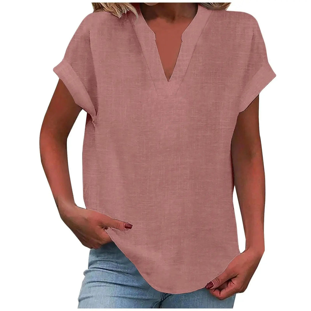 Marisette — Textured V-Neck Blouse With Relaxed Fit Short Sleeve Summer Style