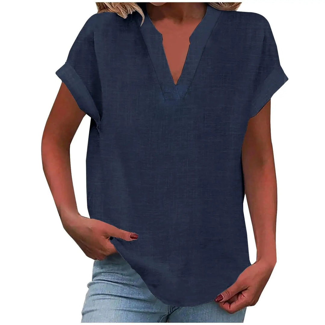 Marisette — Textured V-Neck Blouse With Relaxed Fit Short Sleeve Summer Style