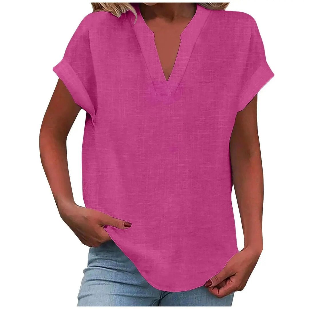 Marisette — Textured V-Neck Blouse With Relaxed Fit Short Sleeve Summer Style
