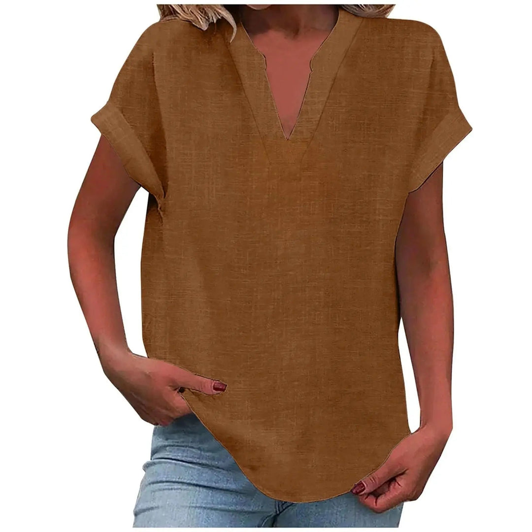 Marisette — Textured V-Neck Blouse With Relaxed Fit Short Sleeve Summer Style