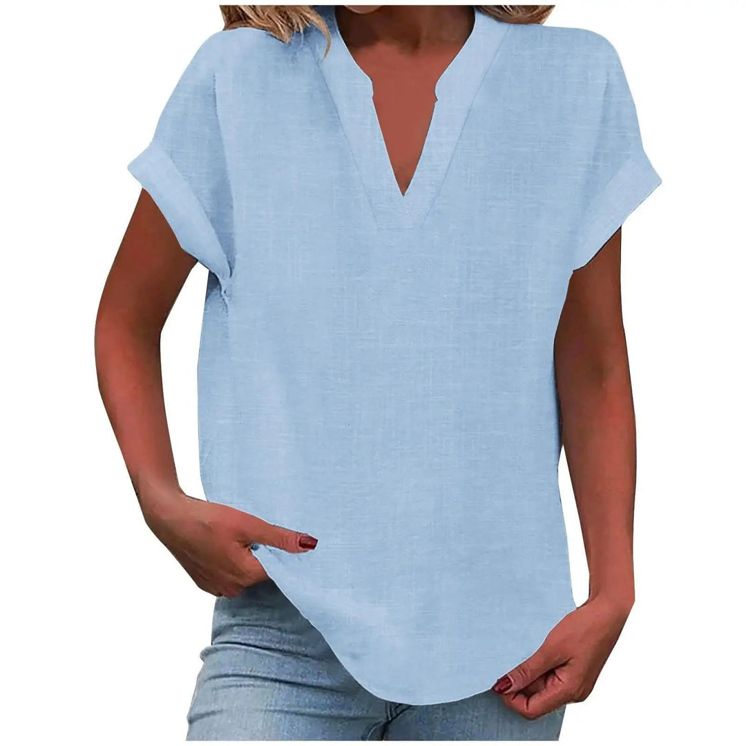 Marisette — Textured V-Neck Blouse With Relaxed Fit Short Sleeve Summer Style