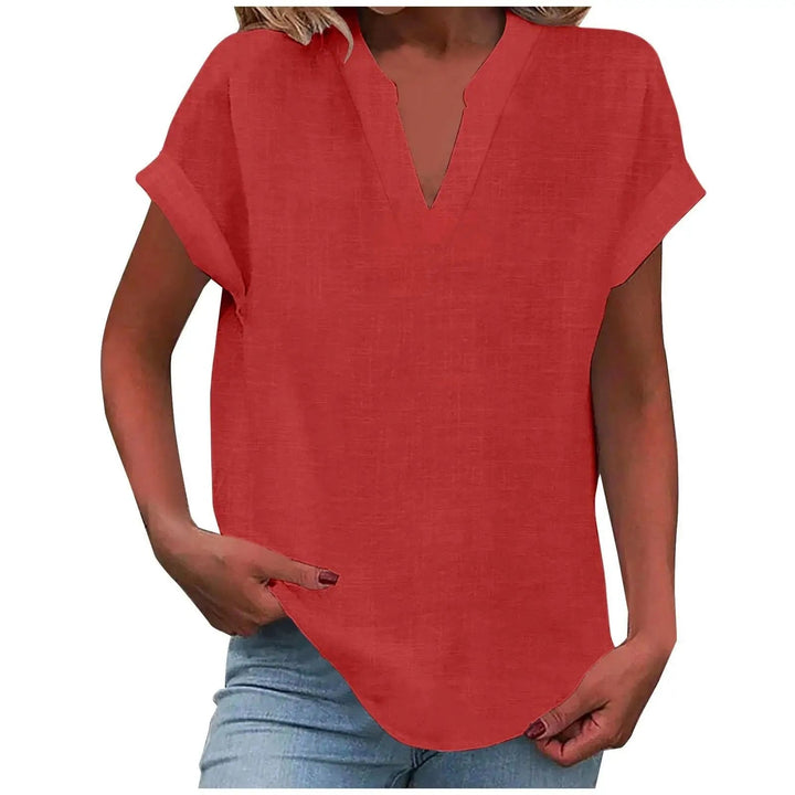 Marisette — Textured V-Neck Blouse With Relaxed Fit Short Sleeve Summer Style
