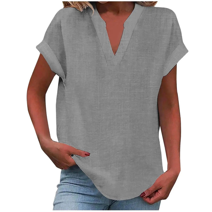 Marisette — Textured V-Neck Blouse With Relaxed Fit Short Sleeve Summer Style