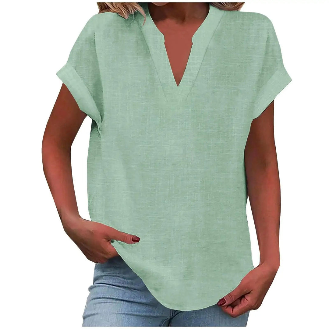 Marisette — Textured V-Neck Blouse With Relaxed Fit Short Sleeve Summer Style