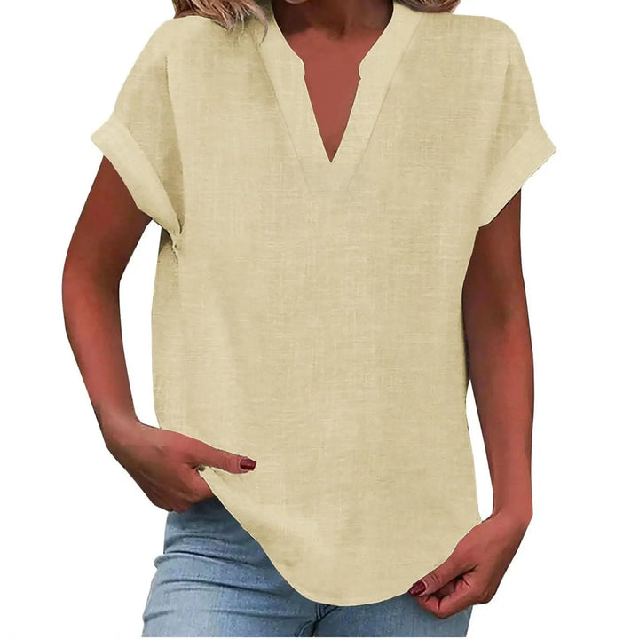 Marisette — Textured V-Neck Blouse With Relaxed Fit Short Sleeve Summer Style